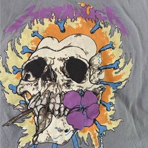 Metallica T-shirt Pushead Burning Skull Art Flower Band OS Black Men'